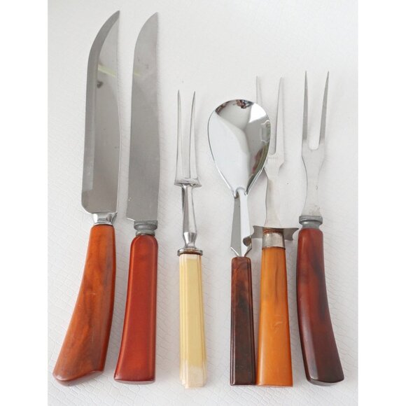 Vintage 6 Bakelite Utensils Meat Forks Carving Knife Spoon Knife Large Spoon Lot - Picture 2 of 9